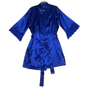 Fredericks of Hollywood Royal Blue Satin Lace Trim Kimono Robe Sexy Intimates